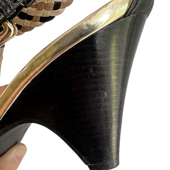 EUC Michael Kors Black Gold Tan Woven Leather Heel Sandals Sz 7.5 M - Picture 11 of 11